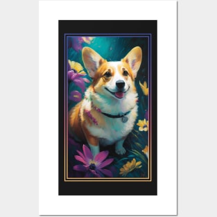 Pembroke Welsh Corgi Dog Vibrant Tropical Flower Tall Digital Oil Painting Portrait Posters and Art